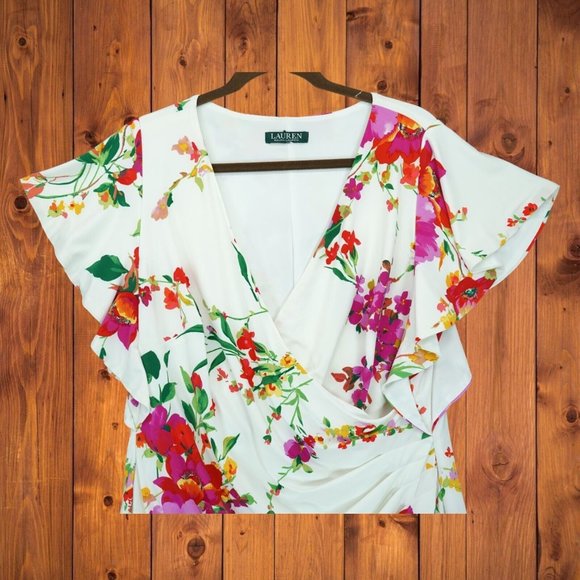 Lauren Ralph Lauren Women's Faux-Wrap Floral Jersey Dress V-neck Flutter Sleeve - Picture 4 of 9